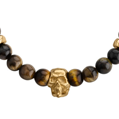 Pulsera ajustable con hilo de seda, piedras 6mm, placa insignia, semillas y calavera en baño de oro de 22K - Joyería y bisutería fina