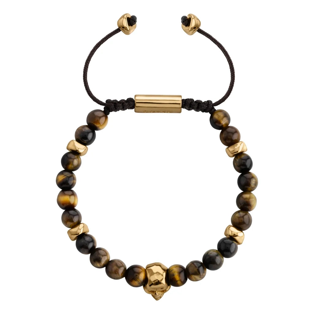 Pulsera ajustable con hilo de seda, piedras 6mm, placa insignia, semillas y calavera en baño de oro de 22K - Joyería y bisutería fina