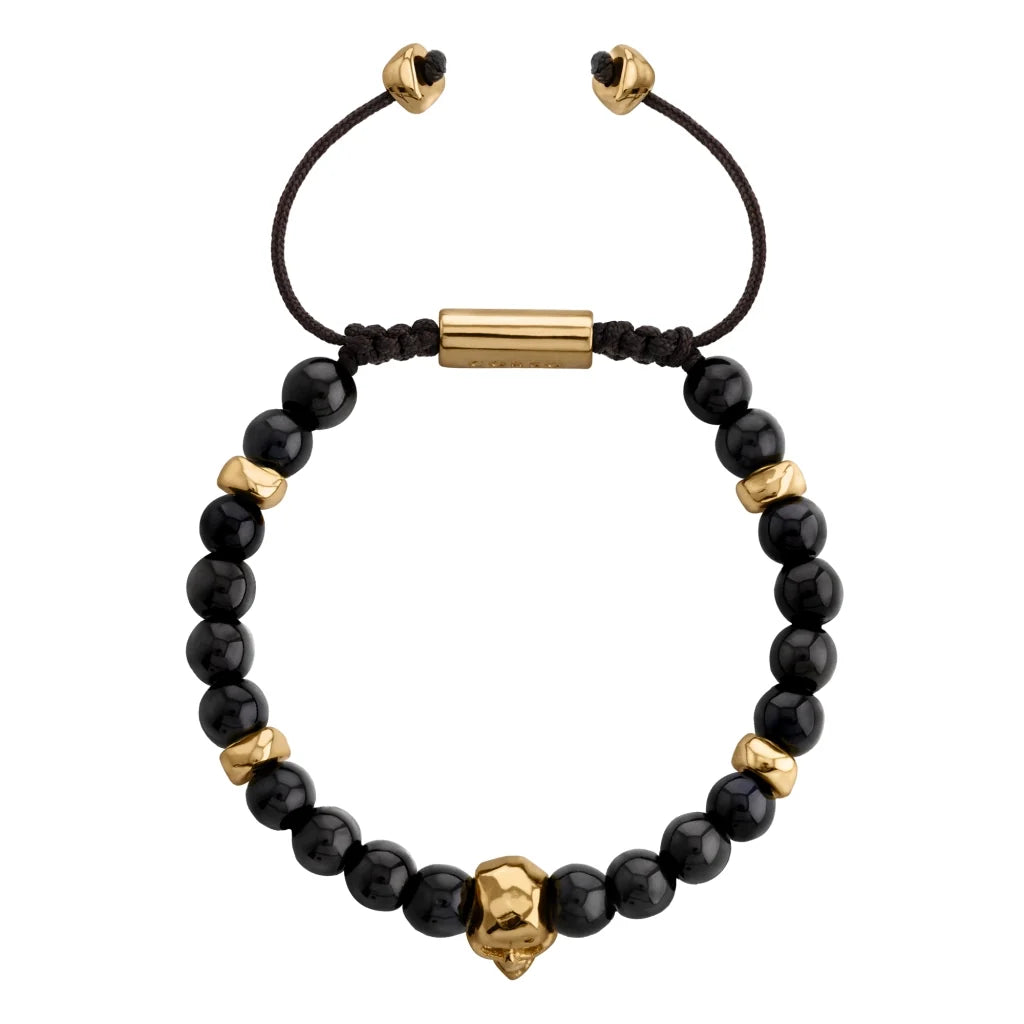 Pulsera ajustable con hilo de seda, piedras 6mm, placa insignia, semillas y calavera en baño de oro de 22K - Joyería y bisutería fina