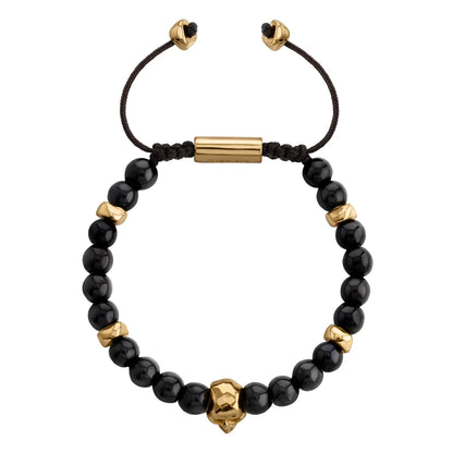Pulsera ajustable con hilo de seda, piedras 6mm, placa insignia, semillas y calavera en baño de oro de 22K - Joyería y bisutería fina