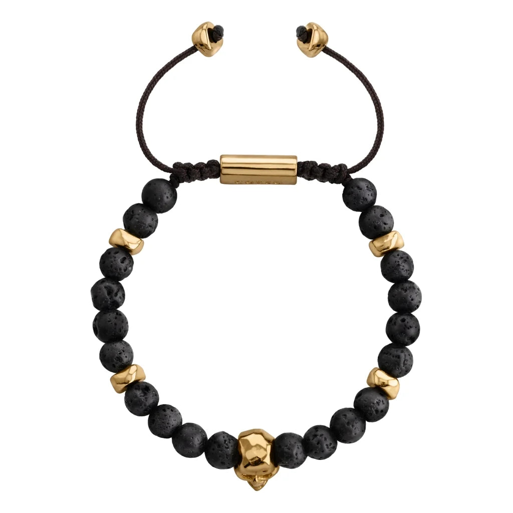 Pulsera ajustable con hilo de seda, piedras 6mm, placa insignia, semillas y calavera en baño de oro de 22K - Joyería y bisutería fina