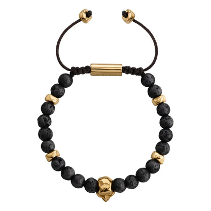 Pulsera ajustable con hilo de seda, piedras 6mm, placa insignia, semillas y calavera en baño de oro de 22K - Joyería y bisutería fina