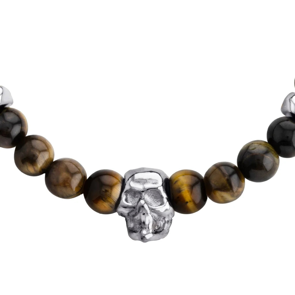 Pulsera ajustable con hilo de seda, piedras 6mm, placa insignia, semillas y calavera en baño de rodio - Joyería y bisutería fina