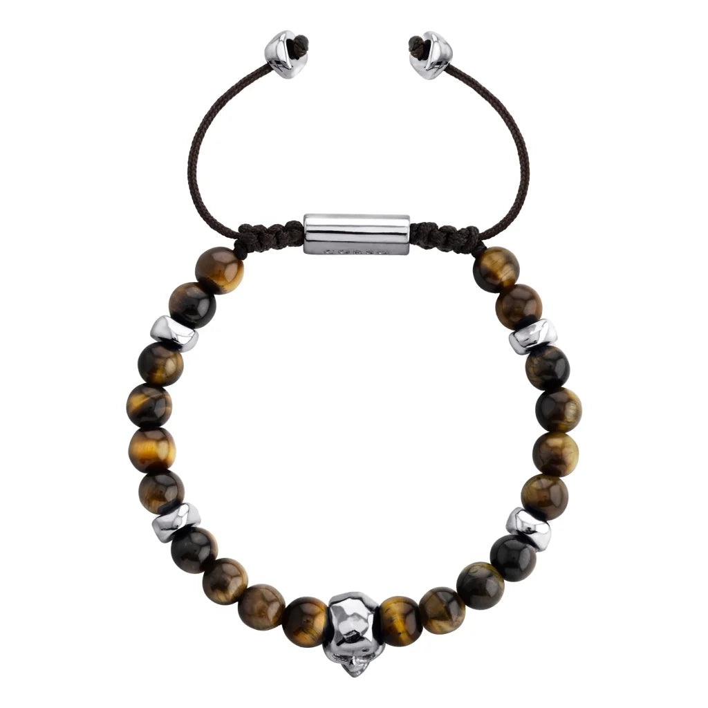 Pulsera ajustable con hilo de seda, piedras 6mm, placa insignia, semillas y calavera en baño de rodio - Joyería y bisutería fina