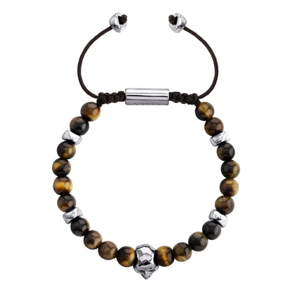 Pulsera ajustable con hilo de seda, piedras 6mm, placa insignia, semillas y calavera en baño de rodio - Joyería y bisutería fina