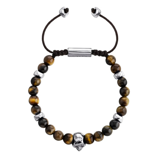 Pulsera ajustable con hilo de seda, piedras 6mm, placa insignia, semillas y calavera en baño de rodio - Joyería y bisutería fina