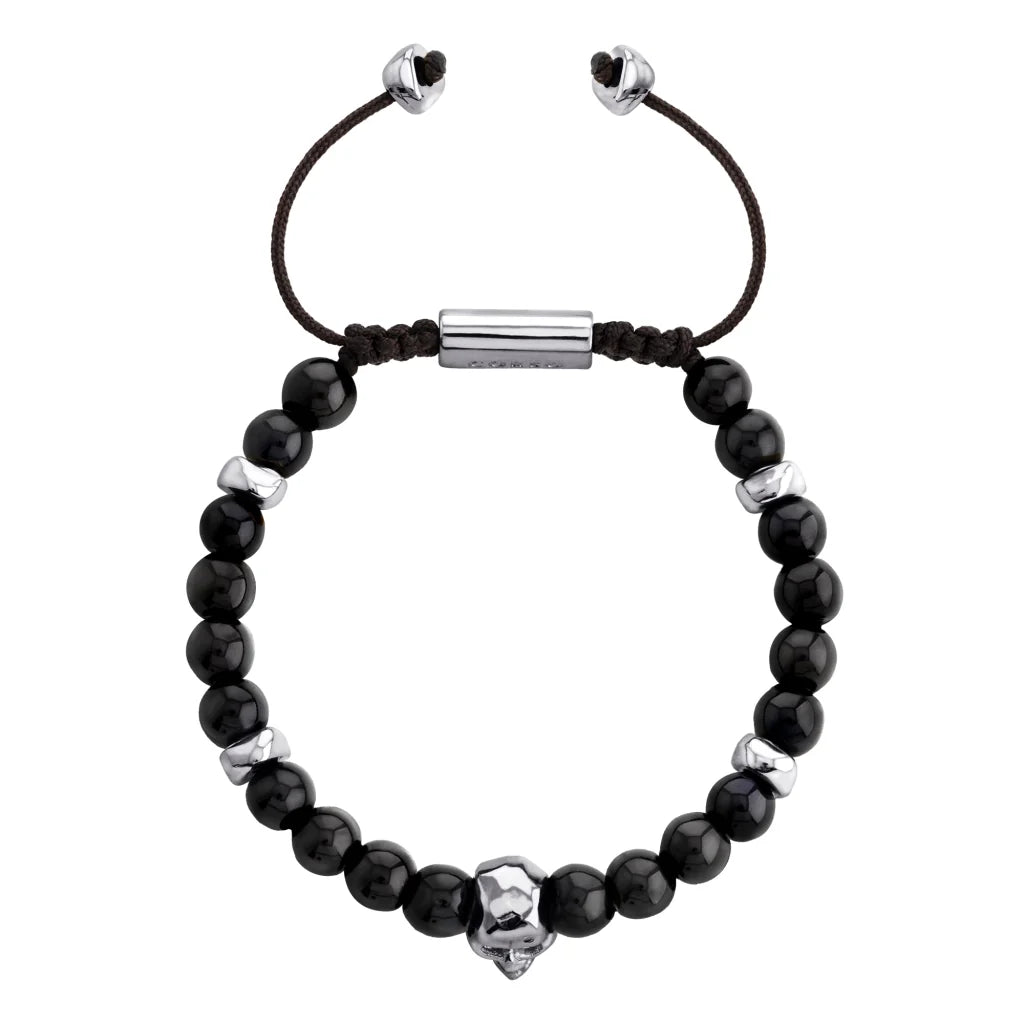 Pulsera ajustable con hilo de seda, piedras 6mm, placa insignia, semillas y calavera en baño de rodio - Joyería y bisutería fina