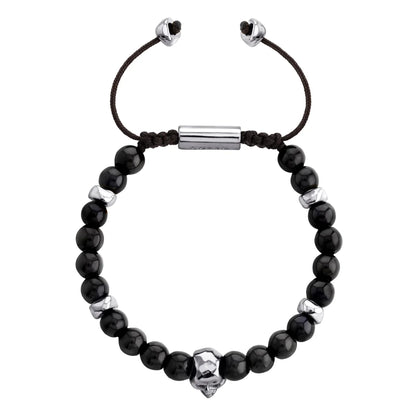 Pulsera ajustable con hilo de seda, piedras 6mm, placa insignia, semillas y calavera en baño de rodio - Joyería y bisutería fina