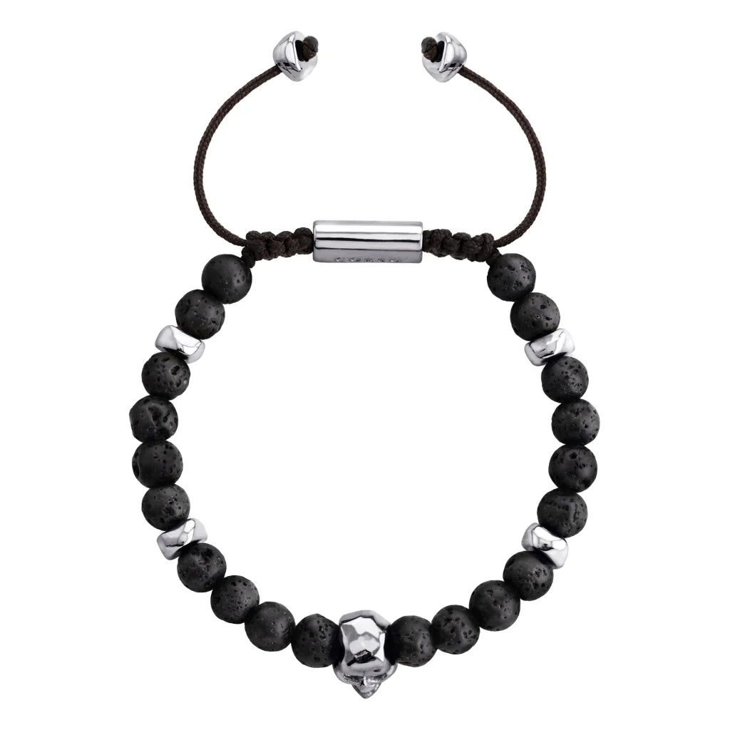 Pulsera ajustable con hilo de seda, piedras 6mm, placa insignia, semillas y calavera en baño de rodio - Joyería y bisutería fina