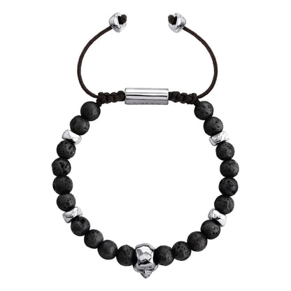 Pulsera ajustable con hilo de seda, piedras 6mm, placa insignia, semillas y calavera en baño de rodio - Joyería y bisutería fina