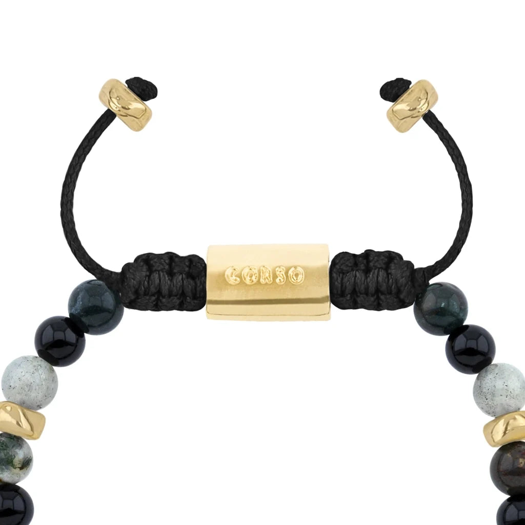 Pulsera baño de oro 22K, Cuentas central con mantra, piedras naturales de 6mm - Joyería y bisutería fina
