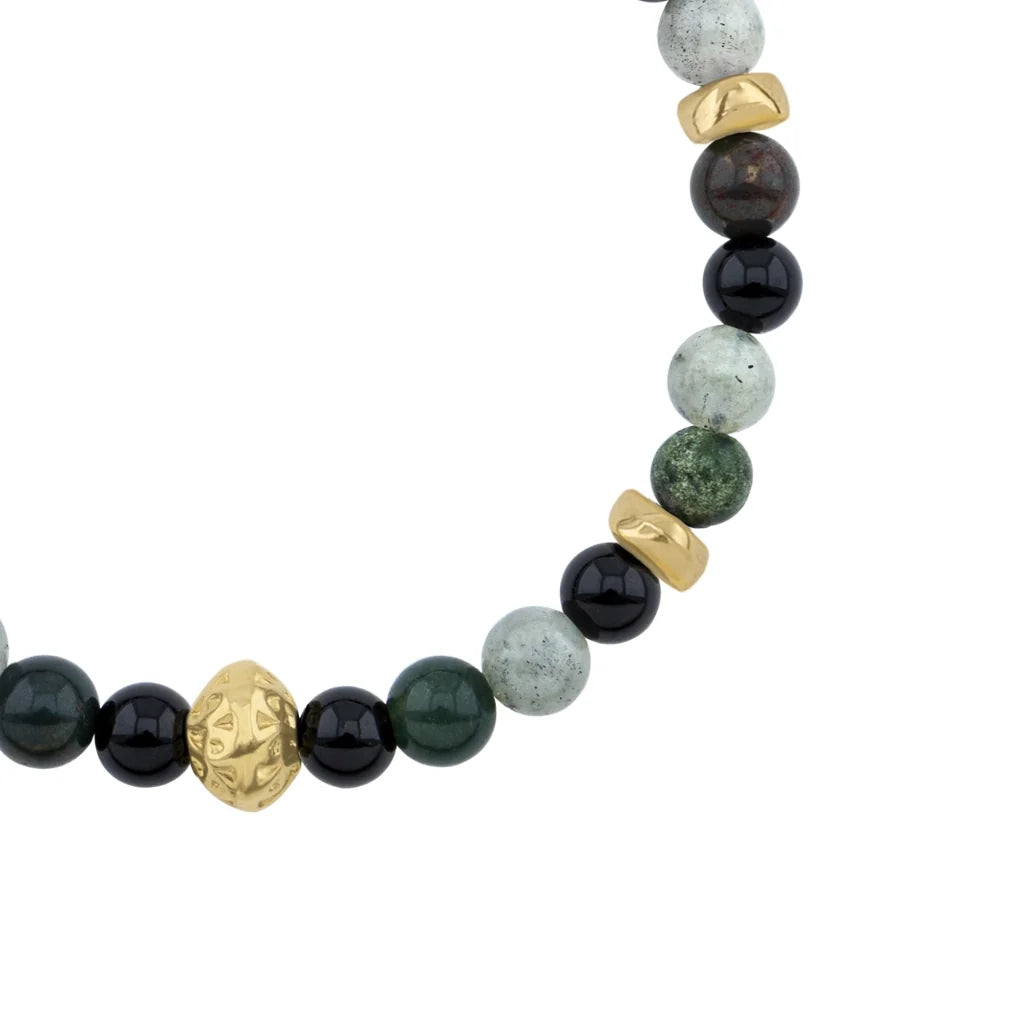 Pulsera baño de oro 22K, Cuentas central con mantra, piedras naturales de 6mm - Joyería y bisutería fina