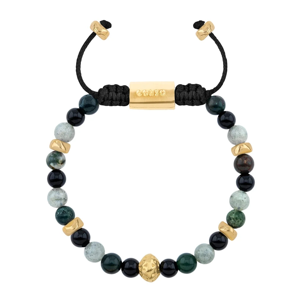 Pulsera baño de oro 22K, Cuentas central con mantra, piedras naturales de 6mm - Joyería y bisutería fina