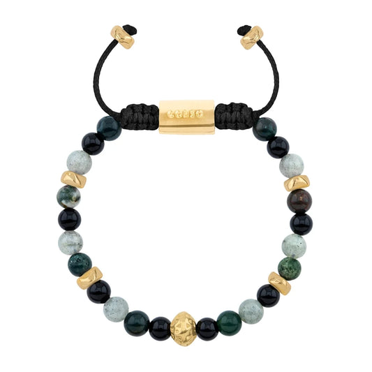 Pulsera baño de oro 22K, Cuentas central con mantra, piedras naturales de 6mm - Joyería y bisutería fina