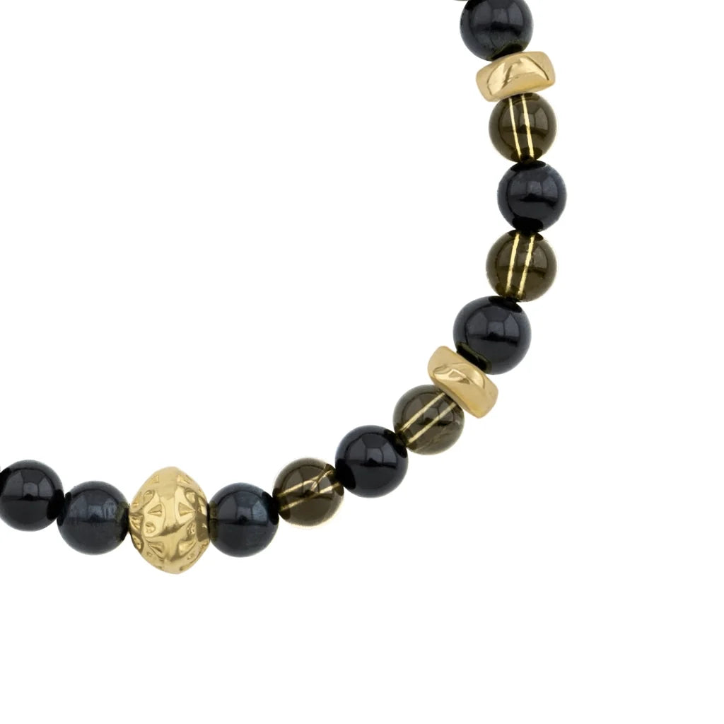Pulsera baño de oro 22K, Cuentas central con mantra, piedras naturales de 6mm - Joyería y bisutería fina