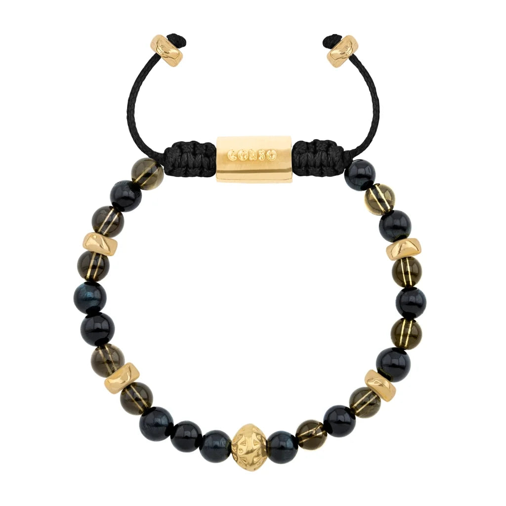 Pulsera baño de oro 22K, Cuentas central con mantra, piedras naturales de 6mm - Joyería y bisutería fina