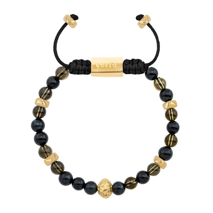 Pulsera baño de oro 22K, Cuentas central con mantra, piedras naturales de 6mm - Joyería y bisutería fina