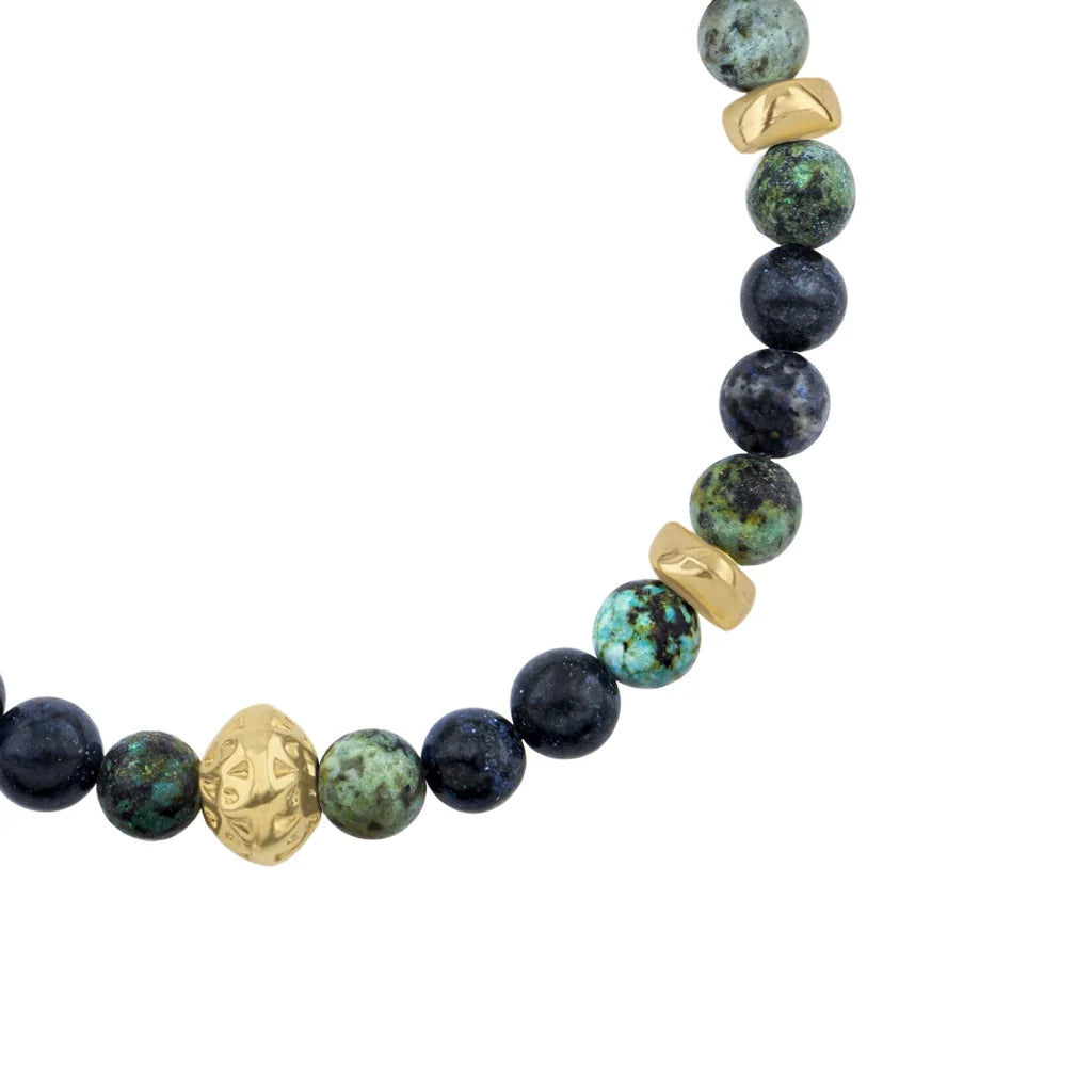 Pulsera baño de oro 22K, Cuentas central con mantra, piedras naturales de 6mm - Joyería y bisutería fina