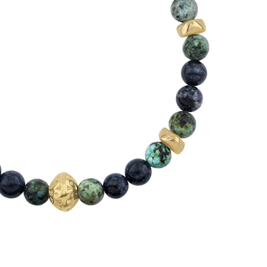 Pulsera baño de oro 22K, Cuentas central con mantra, piedras naturales de 6mm - Joyería y bisutería fina