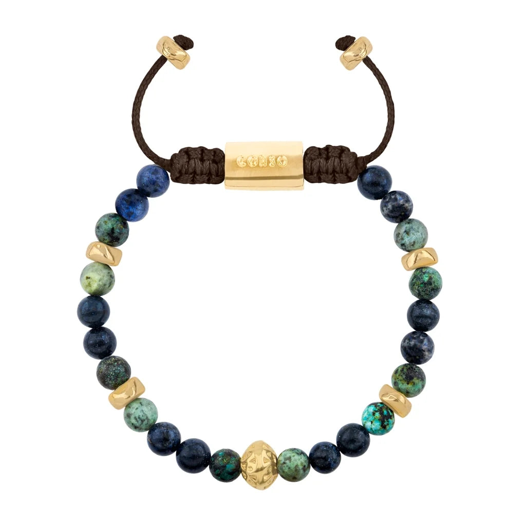 Pulsera baño de oro 22K, Cuentas central con mantra, piedras naturales de 6mm - Joyería y bisutería fina