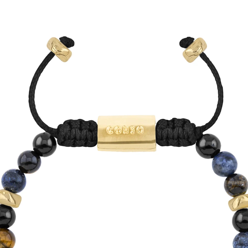 Pulsera baño de oro 22K, Cuentas central con mantra, piedras naturales de 6mm - Joyería y bisutería fina