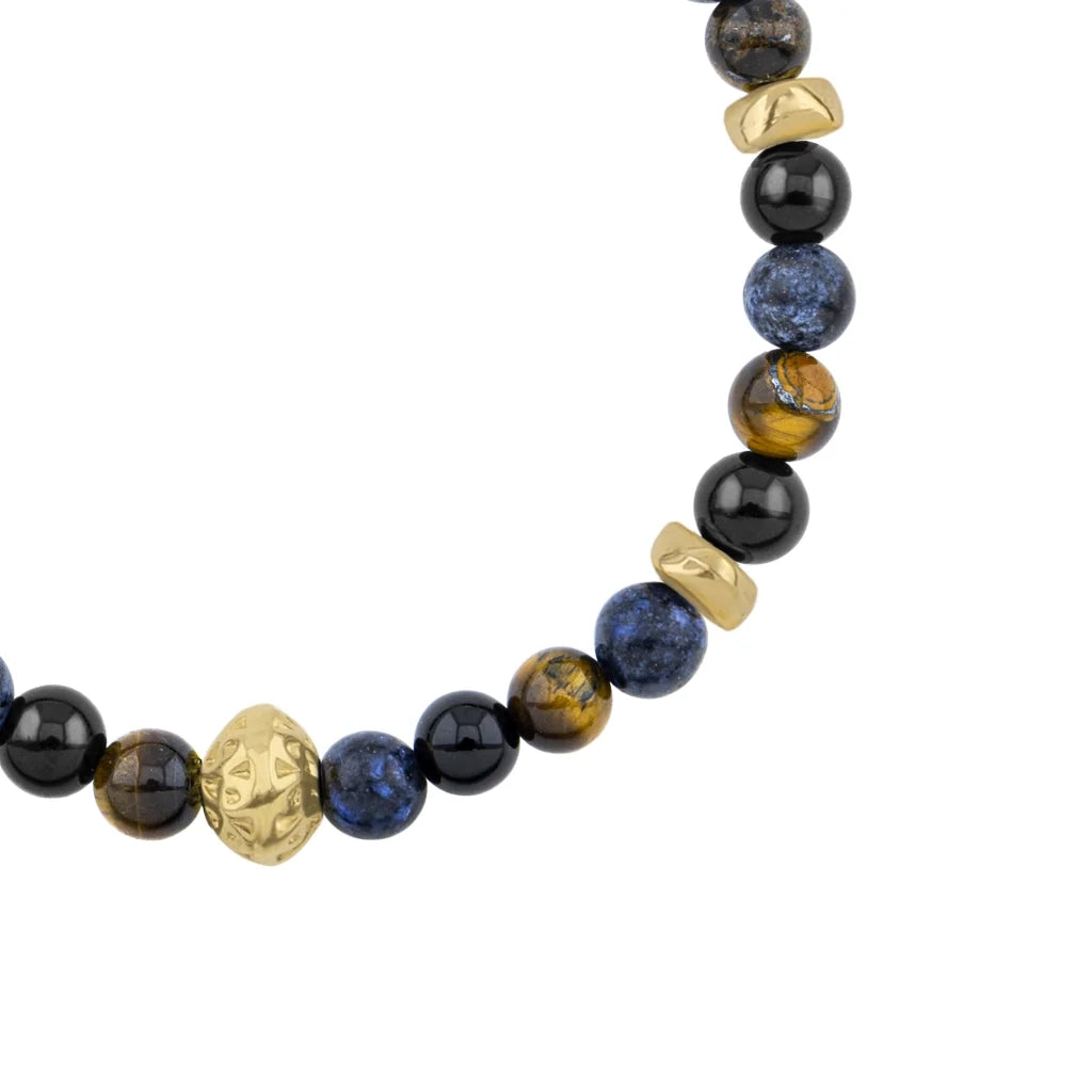 Pulsera baño de oro 22K, Cuentas central con mantra, piedras naturales de 6mm - Joyería y bisutería fina