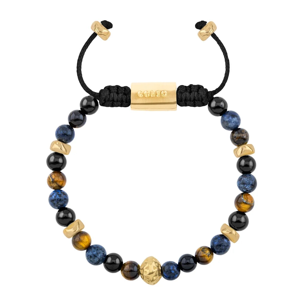 Pulsera baño de oro 22K, Cuentas central con mantra, piedras naturales de 6mm - Joyería y bisutería fina