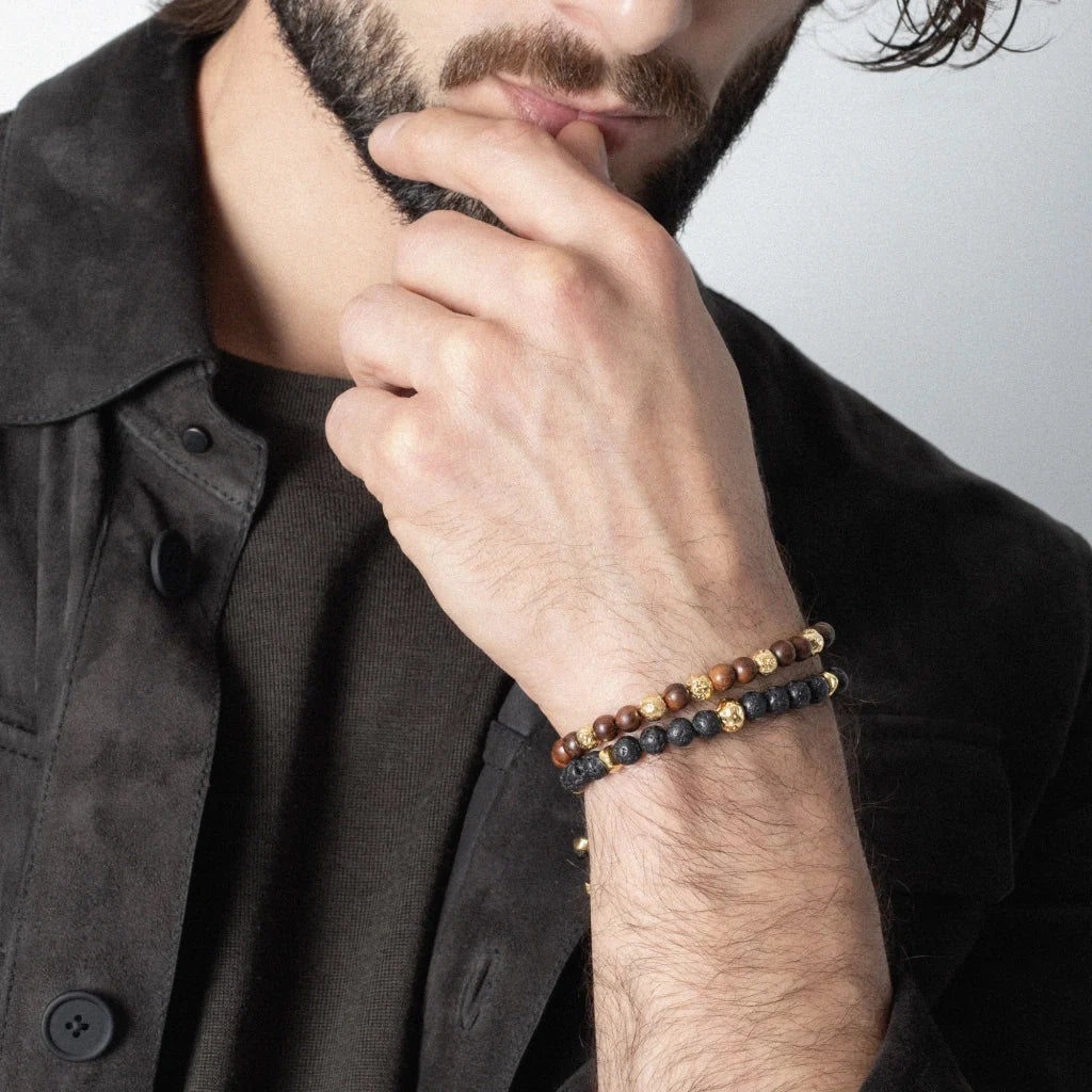 Pulsera baño de oro 22K, Cuentas central con mantra, piedras naturales de 6mm - Joyería y bisutería fina