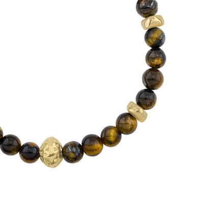 Pulsera baño de oro 22K, Cuentas central con mantra, piedras naturales de 6mm - Joyería y bisutería fina