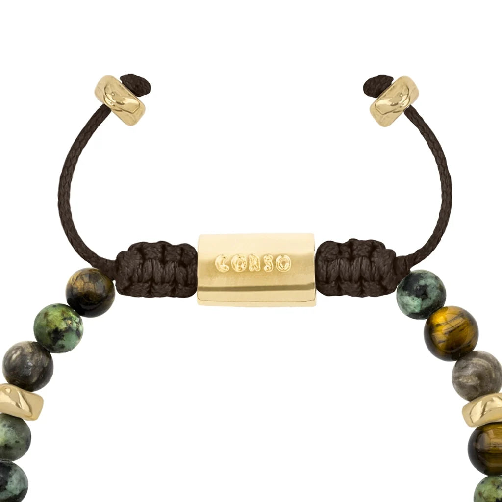Pulsera baño de oro 22K, Cuentas central con mantra, piedras naturales de 6mm - Joyería y bisutería fina