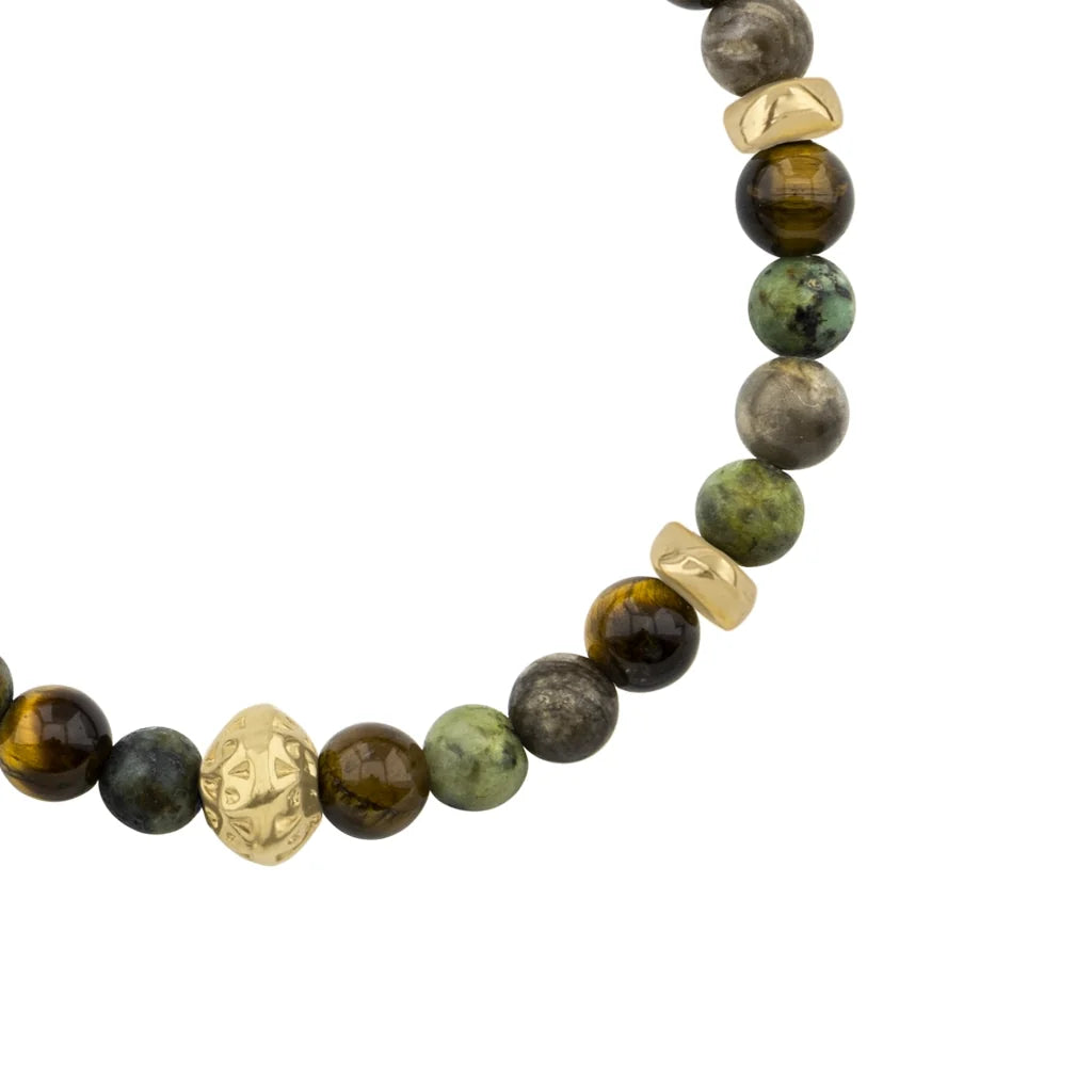 Pulsera baño de oro 22K, Cuentas central con mantra, piedras naturales de 6mm - Joyería y bisutería fina