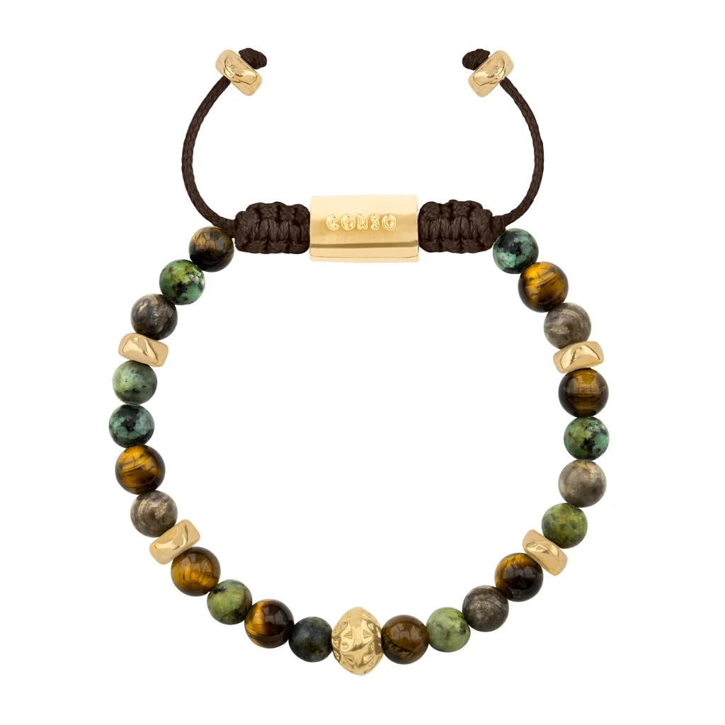 Pulsera baño de oro 22K, Cuentas central con mantra, piedras naturales de 6mm - Joyería y bisutería fina
