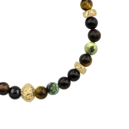 Pulsera baño de oro 22K, Cuentas central con mantra, piedras naturales de 6mm - Joyería y bisutería fina