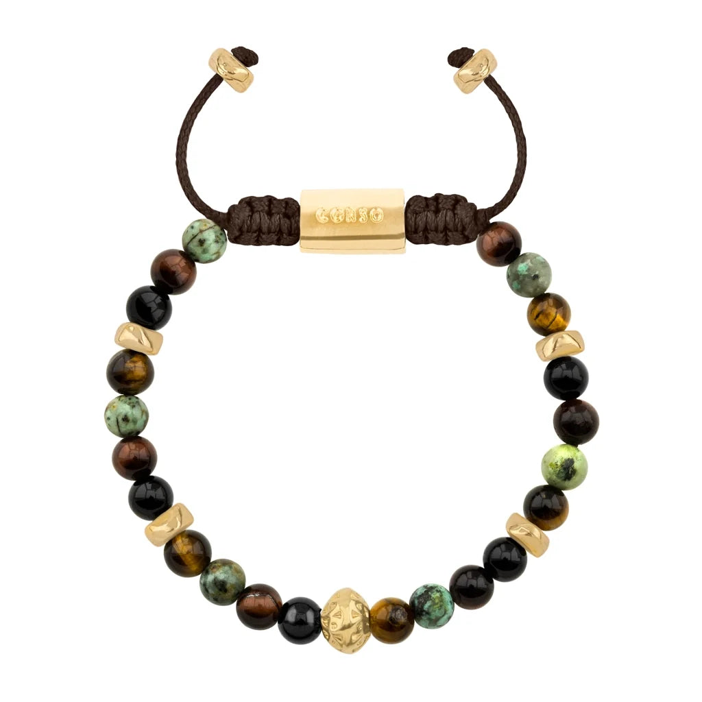 Pulsera baño de oro 22K, Cuentas central con mantra, piedras naturales de 6mm - Joyería y bisutería fina