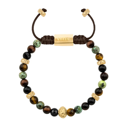Pulsera baño de oro 22K, Cuentas central con mantra, piedras naturales de 6mm - Joyería y bisutería fina
