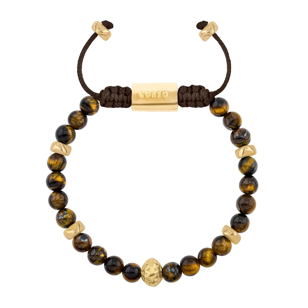 Pulsera baño de oro 22K, Cuentas central con mantra, piedras naturales de 6mm - Joyería y bisutería fina