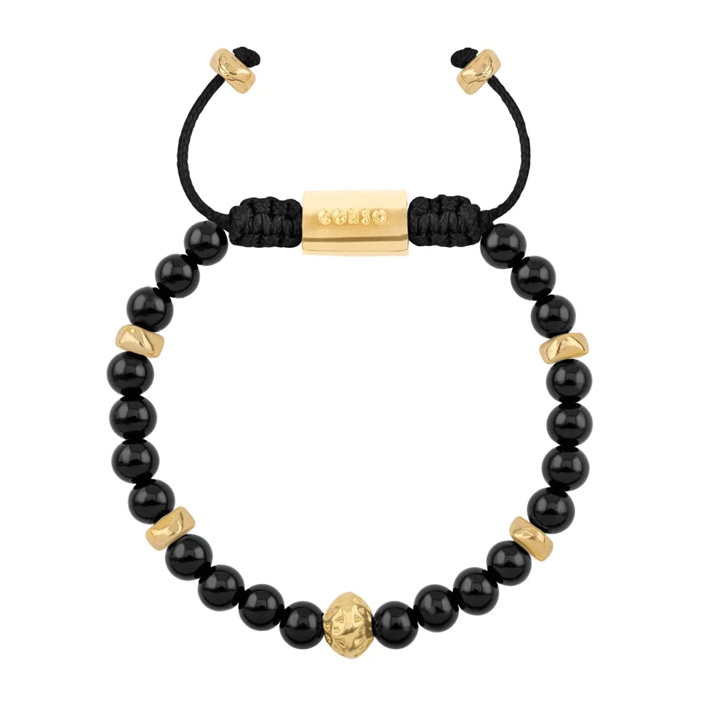 Pulsera baño de oro 22K, Cuentas central con mantra, piedras naturales de 6mm - Joyería y bisutería fina