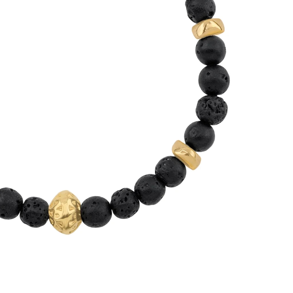 Pulsera baño de oro 22K, Cuentas central con mantra, piedras naturales de 6mm - Joyería y bisutería fina