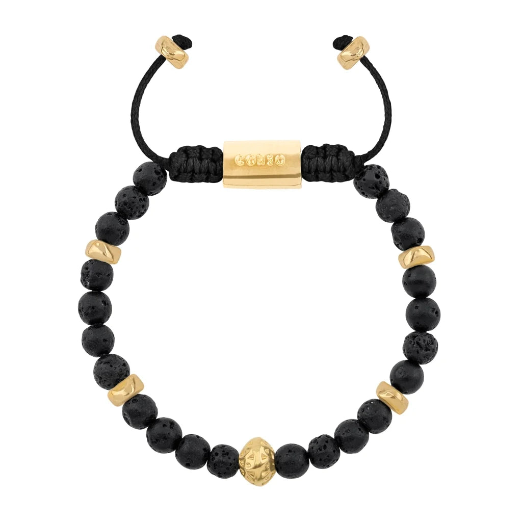 Pulsera baño de oro 22K, Cuentas central con mantra, piedras naturales de 6mm - Joyería y bisutería fina