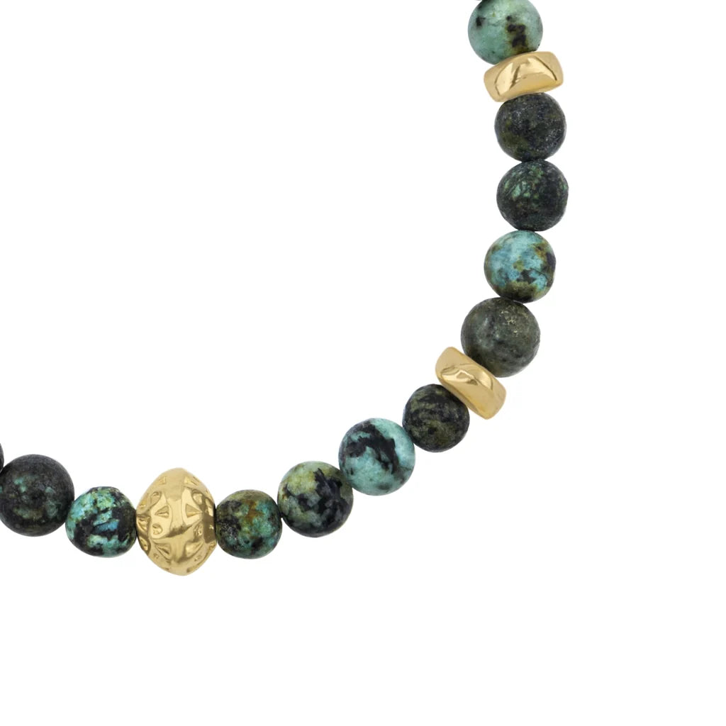 Pulsera baño de oro 22K, Cuentas central con mantra, piedras naturales de 6mm - Joyería y bisutería fina