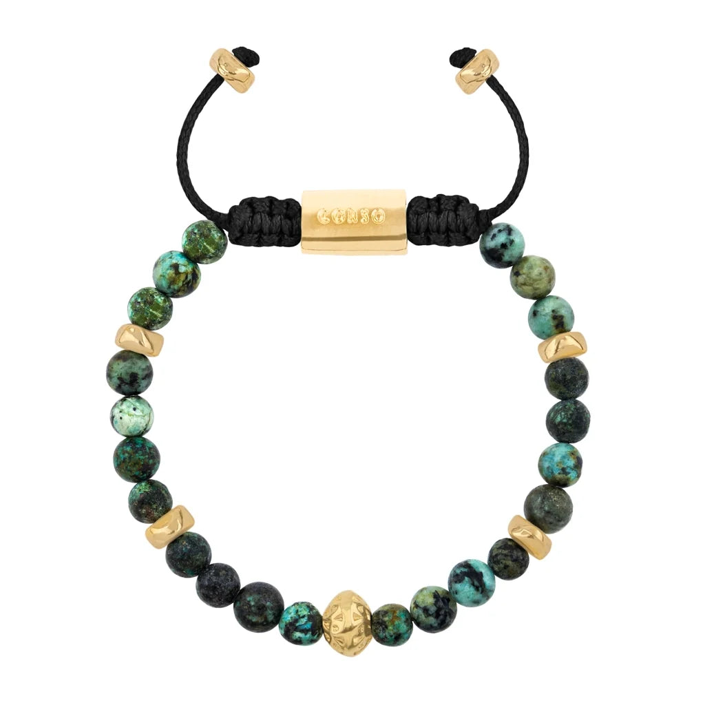 Pulsera baño de oro 22K, Cuentas central con mantra, piedras naturales de 6mm - Joyería y bisutería fina
