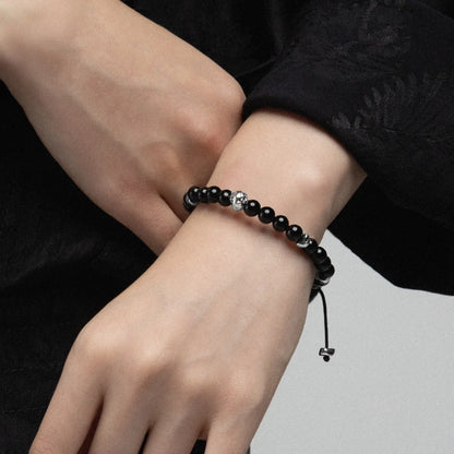 Pulsera Rodio, Cuentas central con mantra, piedras naturales de 6mm - Joyería y bisutería fina
