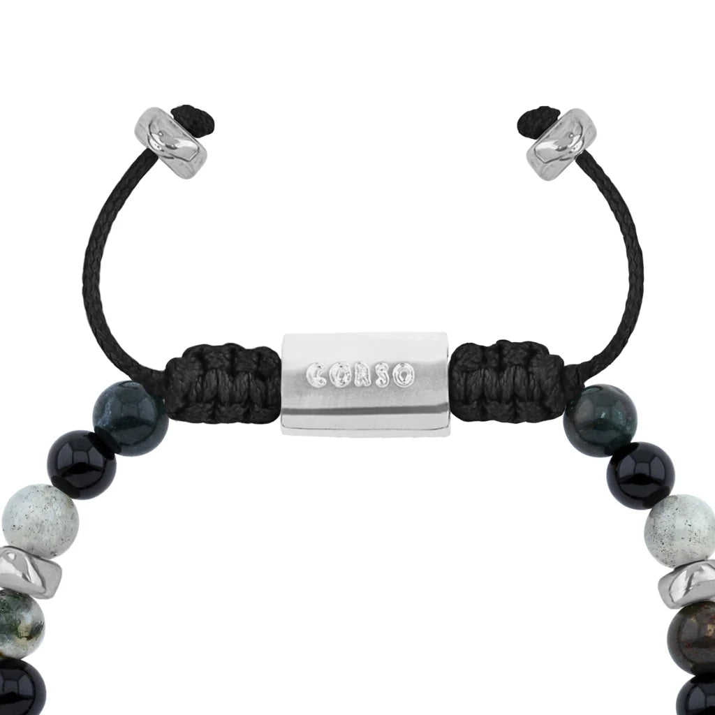 Pulsera Rodio, Cuentas central con mantra, piedras naturales de 6mm - Joyería y bisutería fina