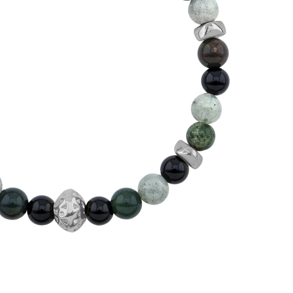 Pulsera Rodio, Cuentas central con mantra, piedras naturales de 6mm - Joyería y bisutería fina