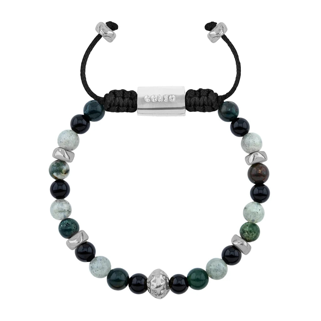 Pulsera Rodio, Cuentas central con mantra, piedras naturales de 6mm - Joyería y bisutería fina