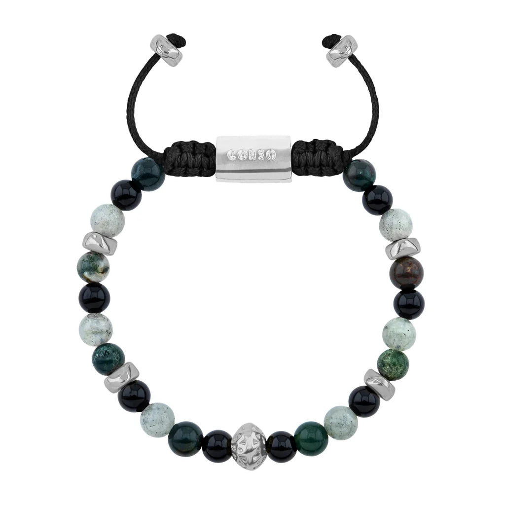 Pulsera Rodio, Cuentas central con mantra, piedras naturales de 6mm - Joyería y bisutería fina