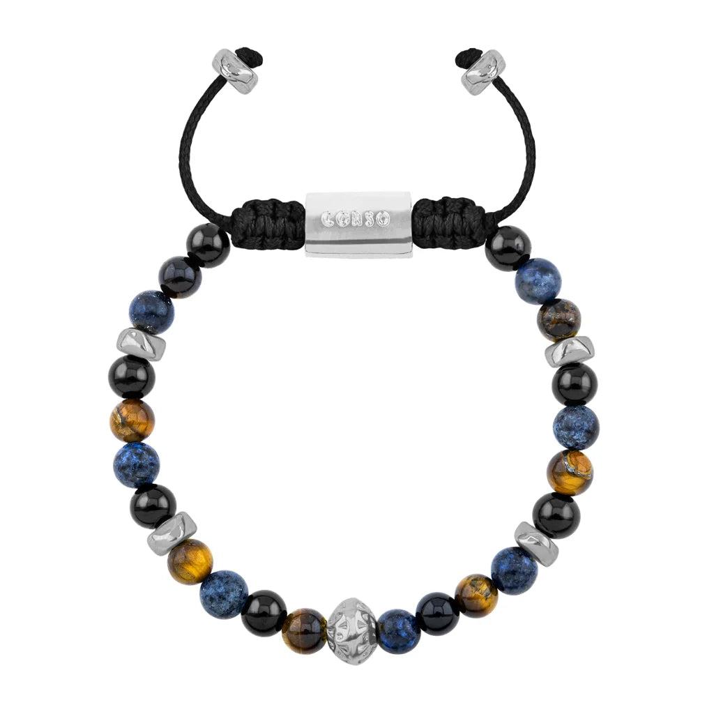 Pulsera Rodio, Cuentas central con mantra, piedras naturales de 6mm - Joyería y bisutería fina
