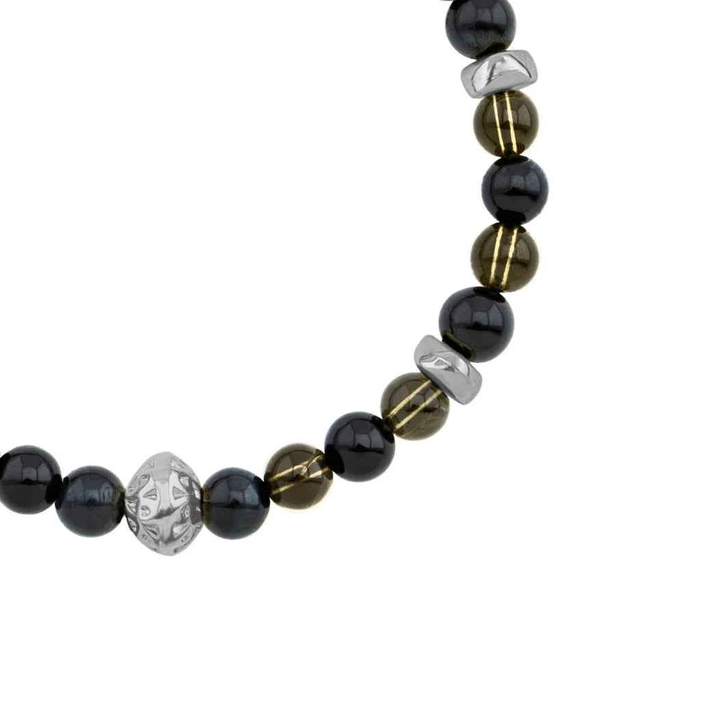 Pulsera Rodio, Cuentas central con mantra, piedras naturales de 6mm - Joyería y bisutería fina