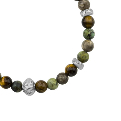 Pulsera Rodio, Cuentas central con mantra, piedras naturales de 6mm - Joyería y bisutería fina