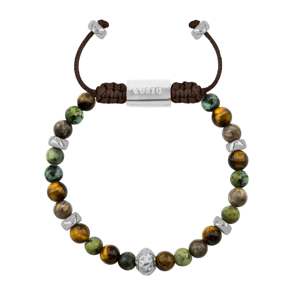 Pulsera Rodio, Cuentas central con mantra, piedras naturales de 6mm - Joyería y bisutería fina